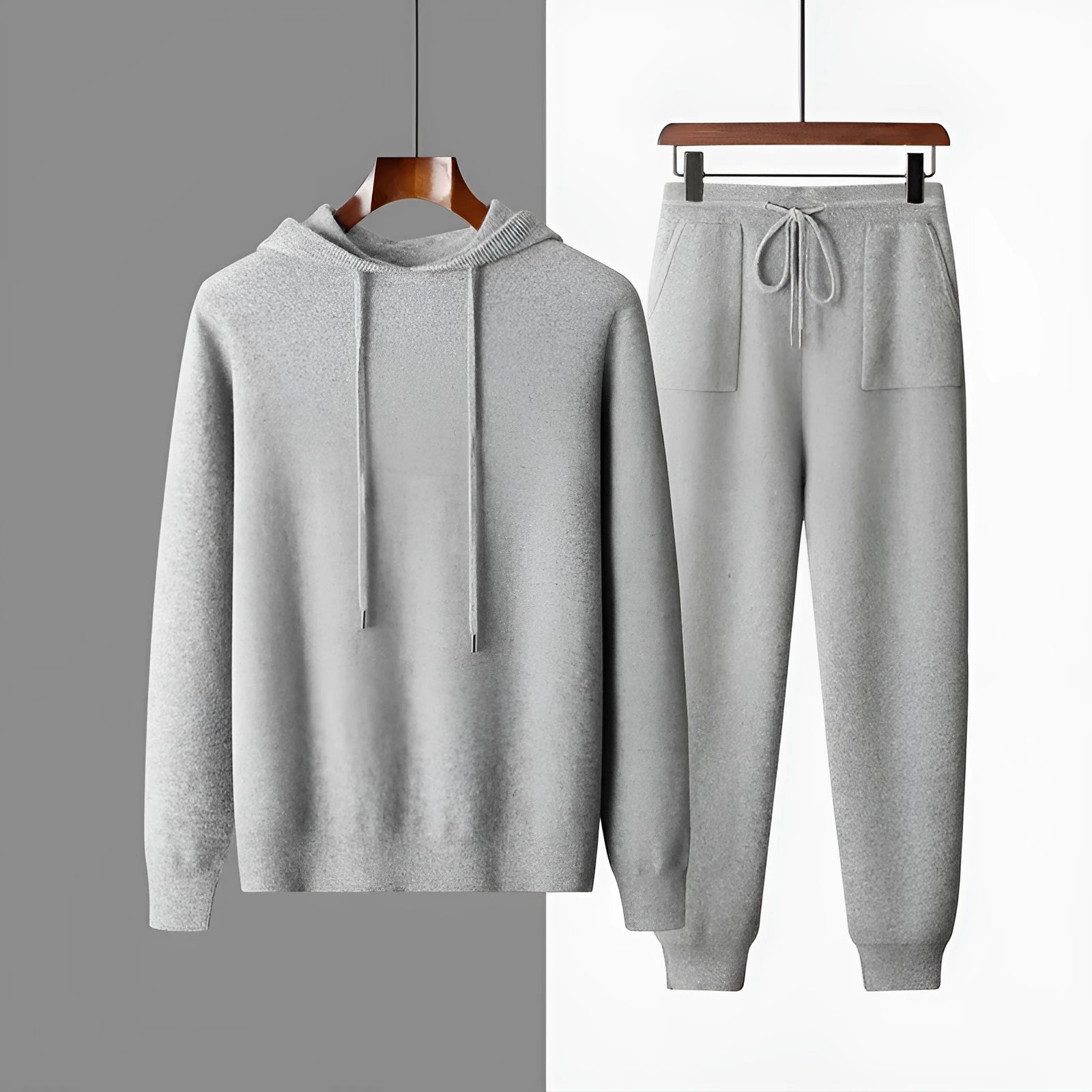Men's light gray cashmere hooded sweatshirt and matching trousers casual winter set