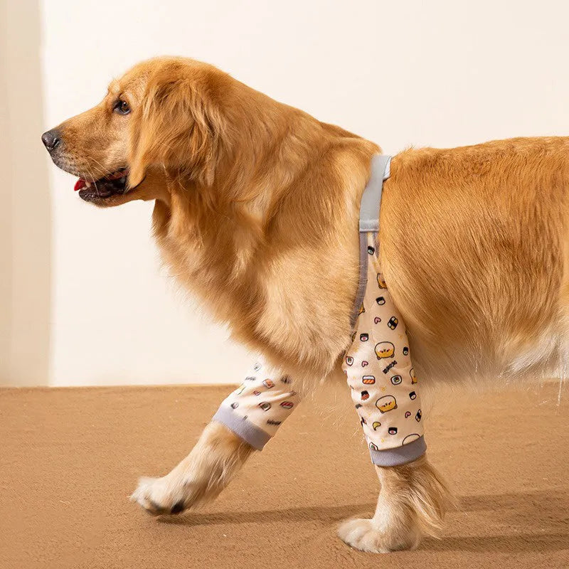 Blue dog knee protector sleeve with elbow padding and plastic buckle, shown with a matching patterned scarf.