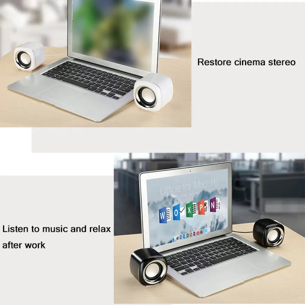 Pair of mini wired computer speakers with volume scroll wheel in black or white colour