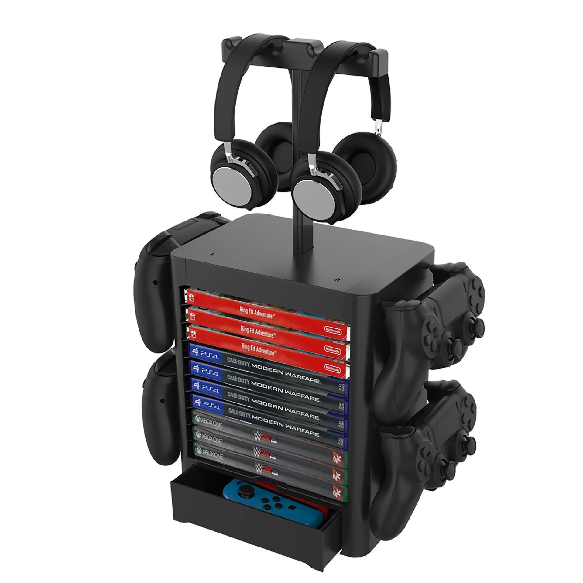 Black ABS gaming accessory storage rack with headphone top, side hooks for controllers, and a bottom drawer.