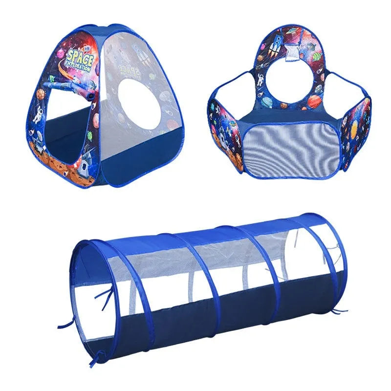 Colourful three-in-one children's play tent with cartoon design, featuring a fabric tent, ball pool, and plastic tunnel.
