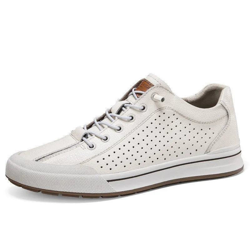 Men's white matte leather casual shoes with round toe and 6cm flat sole available in hollow-out and fleece-lined variants