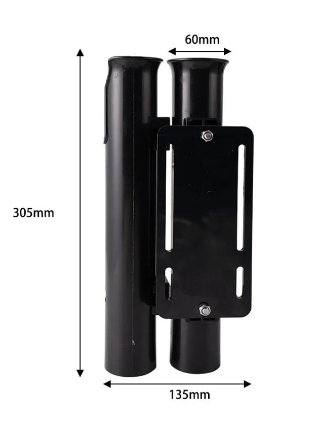Motorcycle fishing rod rack with double-layer plastic construction and adjustable pipe clamp mounting system