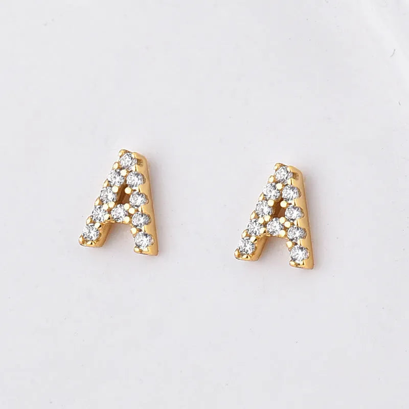 Brass gold-plated alphabet earrings showing single capital letter designs from A to Z with zircon elements