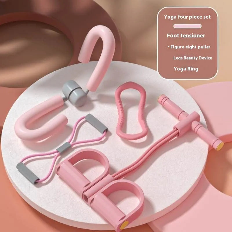 Yoga four-piece fitness set showing leg beauty device, chest expander, yoga ring, and tension rope.