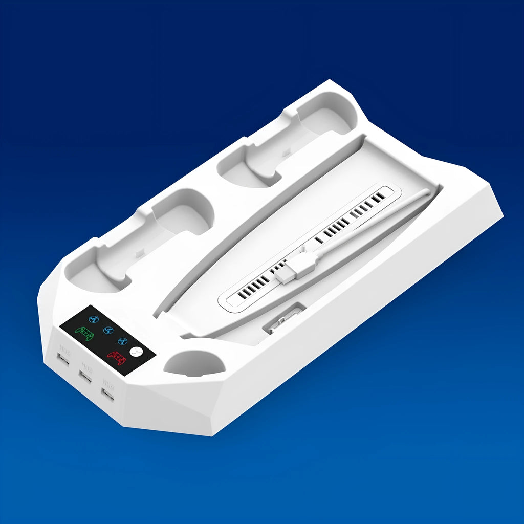 PS5 charging base radiator stand in white or black with controller storage and heat dissipation