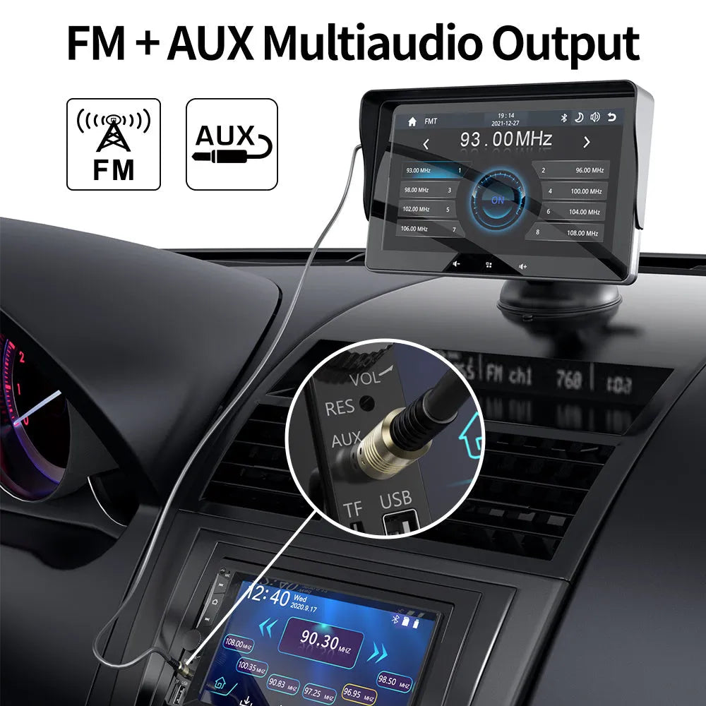 7-inch wireless CarPlay car display with suction cup mount and cigarette lighter connection