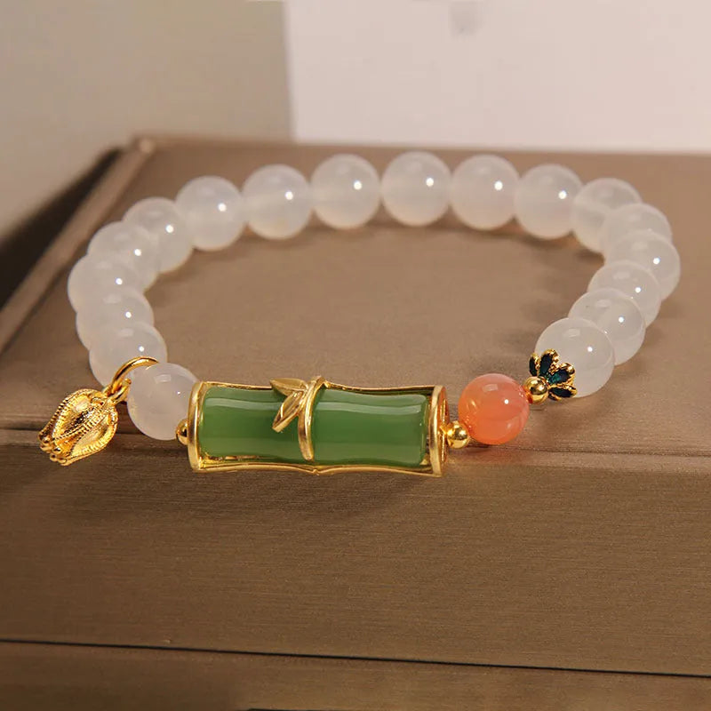 White agate jasper Chinese bamboo beaded bracelet with natural jade construction for women