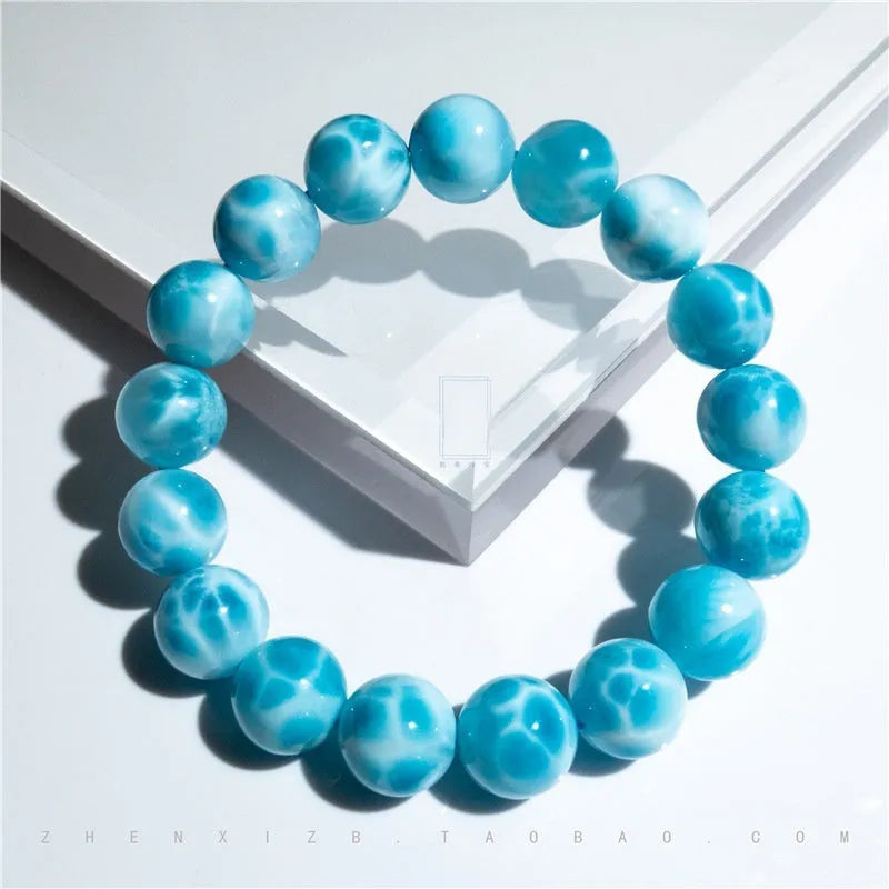 Handmade blue sea-pattern natural crystal Bodhi bracelet with pearl accents on wrist