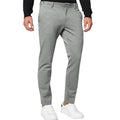 Men's slim-fit tapered chino trousers in a cotton blend stretch fabric on a hanger.