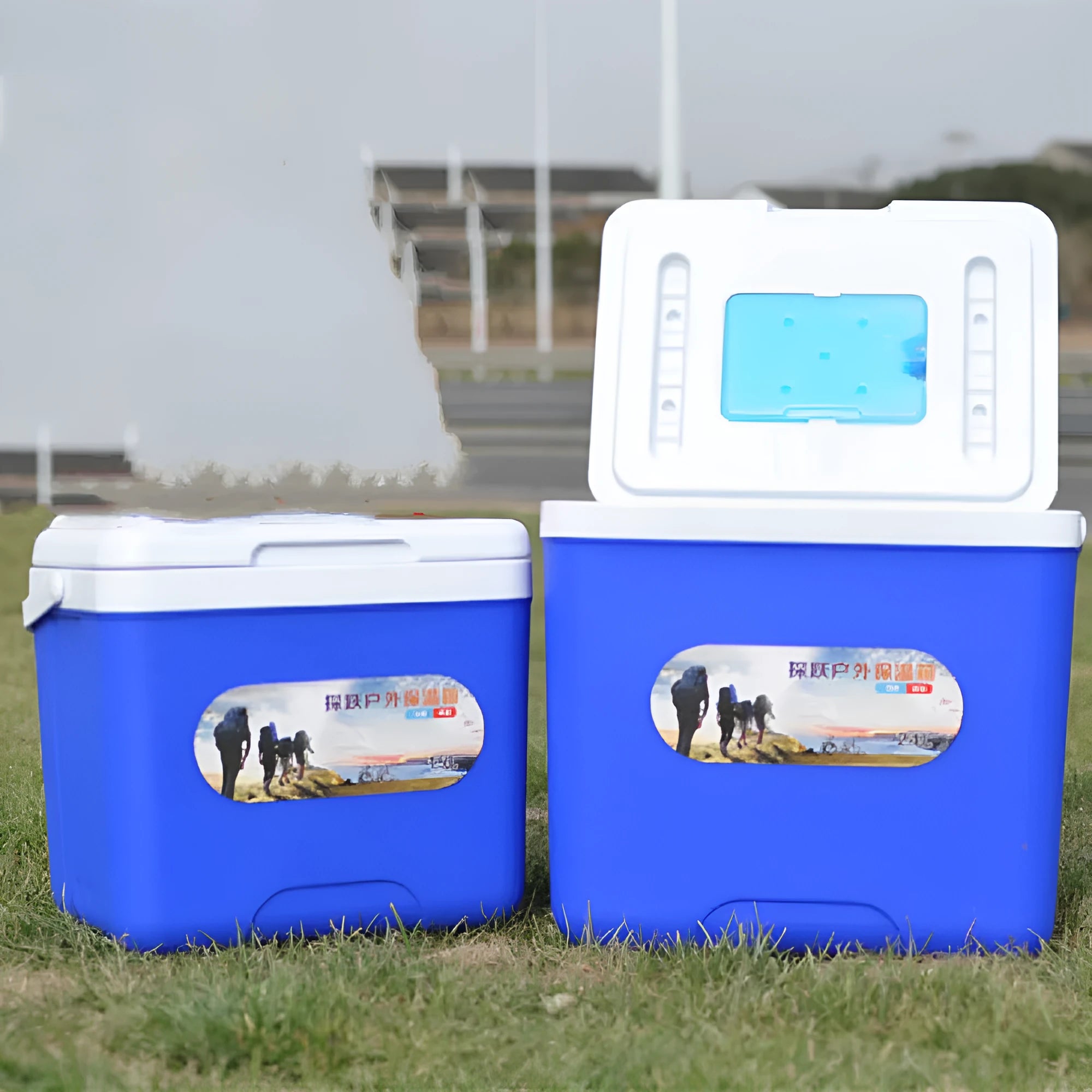 Blue aluminium foil insulated cooler box with foam insulation in various capacity sizes.
