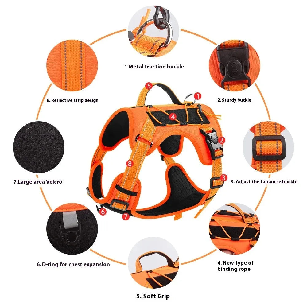 Orange PU dog harness with reflective trim and matching lead with black handle grip.