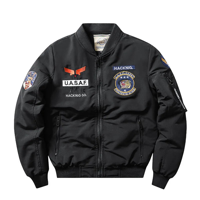 Men's slim-fit black retro motorcycle jacket with stand collar and patch pockets