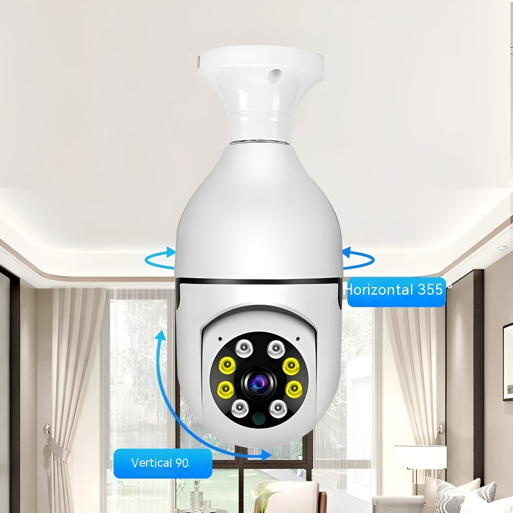 White wireless bulb security camera with lens, shown next to a ruler indicating 5cm width and 12cm height.