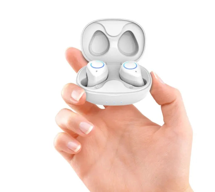 Black and white M18 true wireless in-ear Bluetooth headset with compact charging case.