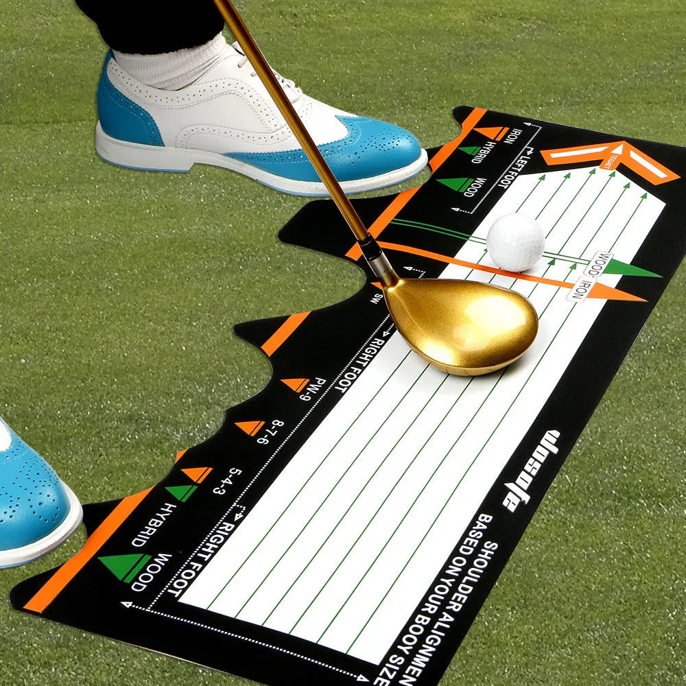 Black neoprene golf swing standing posture auxiliary pad measuring 22.5cm x 10cm for correcting stance and alignment