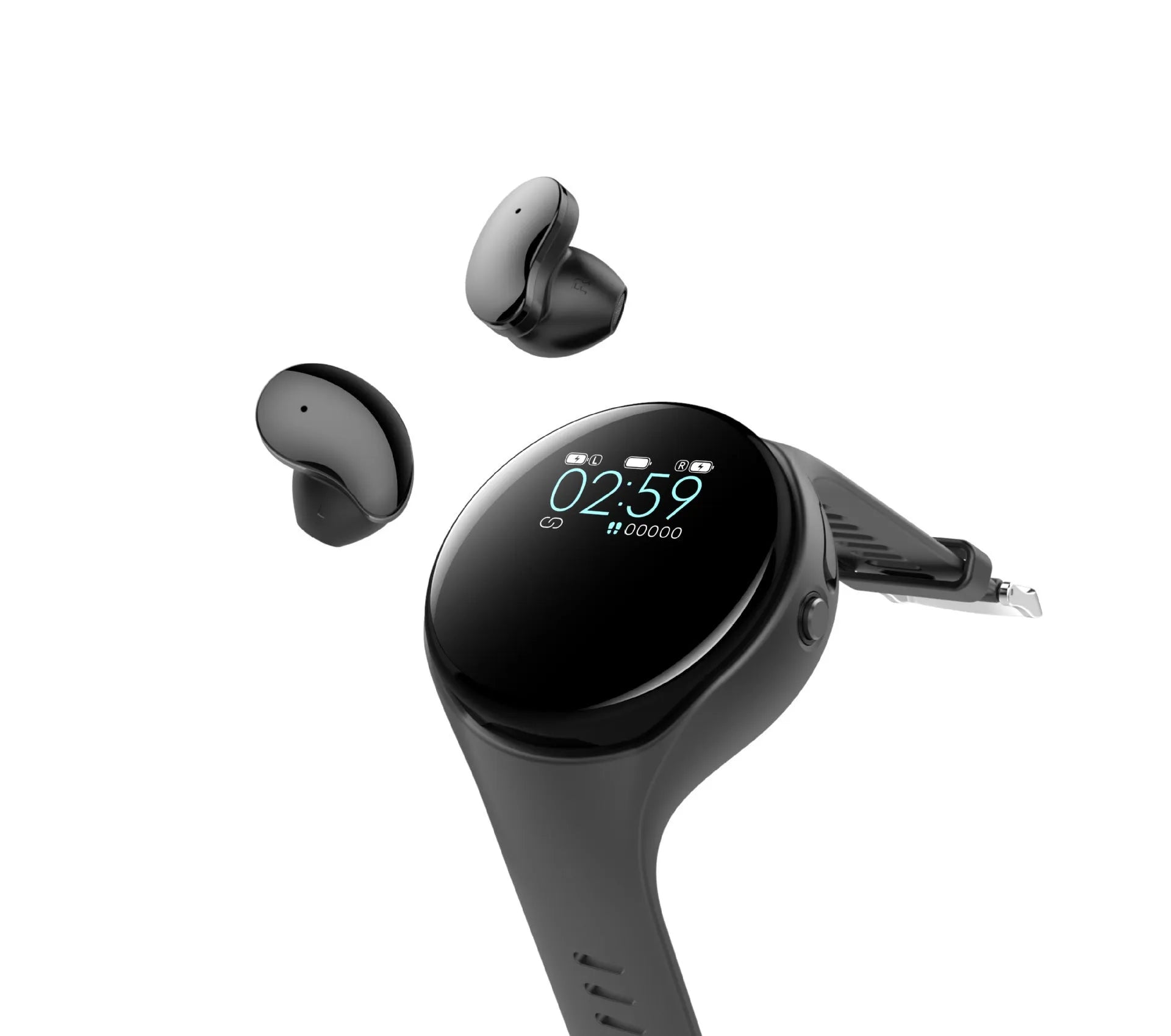 Black detachable smart watch and Bluetooth earphone combo for fitness tracking and calls.