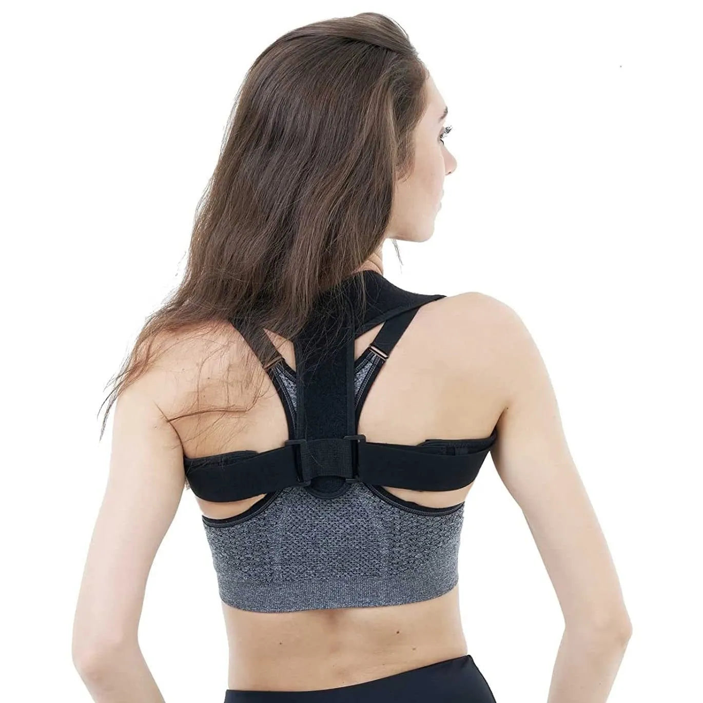 Black adjustable posture correction strap for back support.