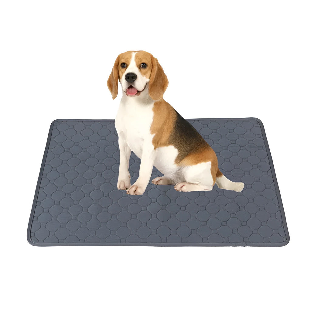 Washable tan and grey reusable dog pee pad on a wooden floor