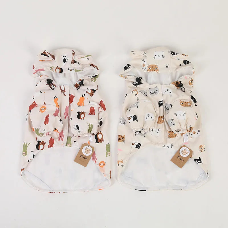 Beige cartoon dog raincoat with waterproof PU coating, shown in small animal design