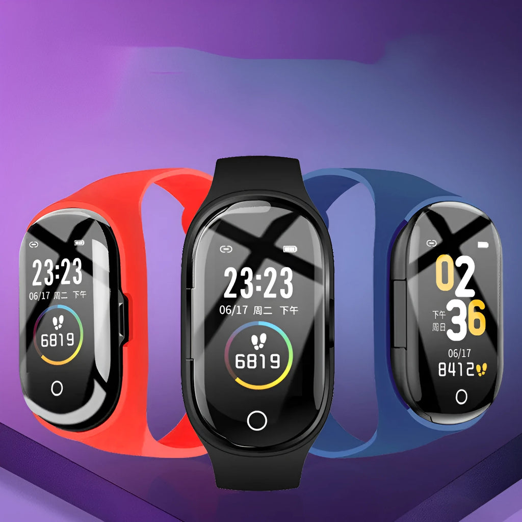 Smart bracelet and earphone combo in black, blue, or red with a 1-inch screen and silicone wristband