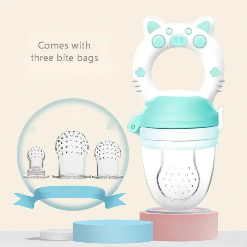 Silicone baby teether with textured mouthpieces in blue, green, or pink colour options