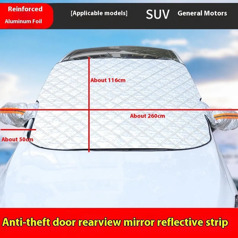 Aluminium foil winter car windshield cover with reflective stripes and magnetic fasteners for SUV frost protection