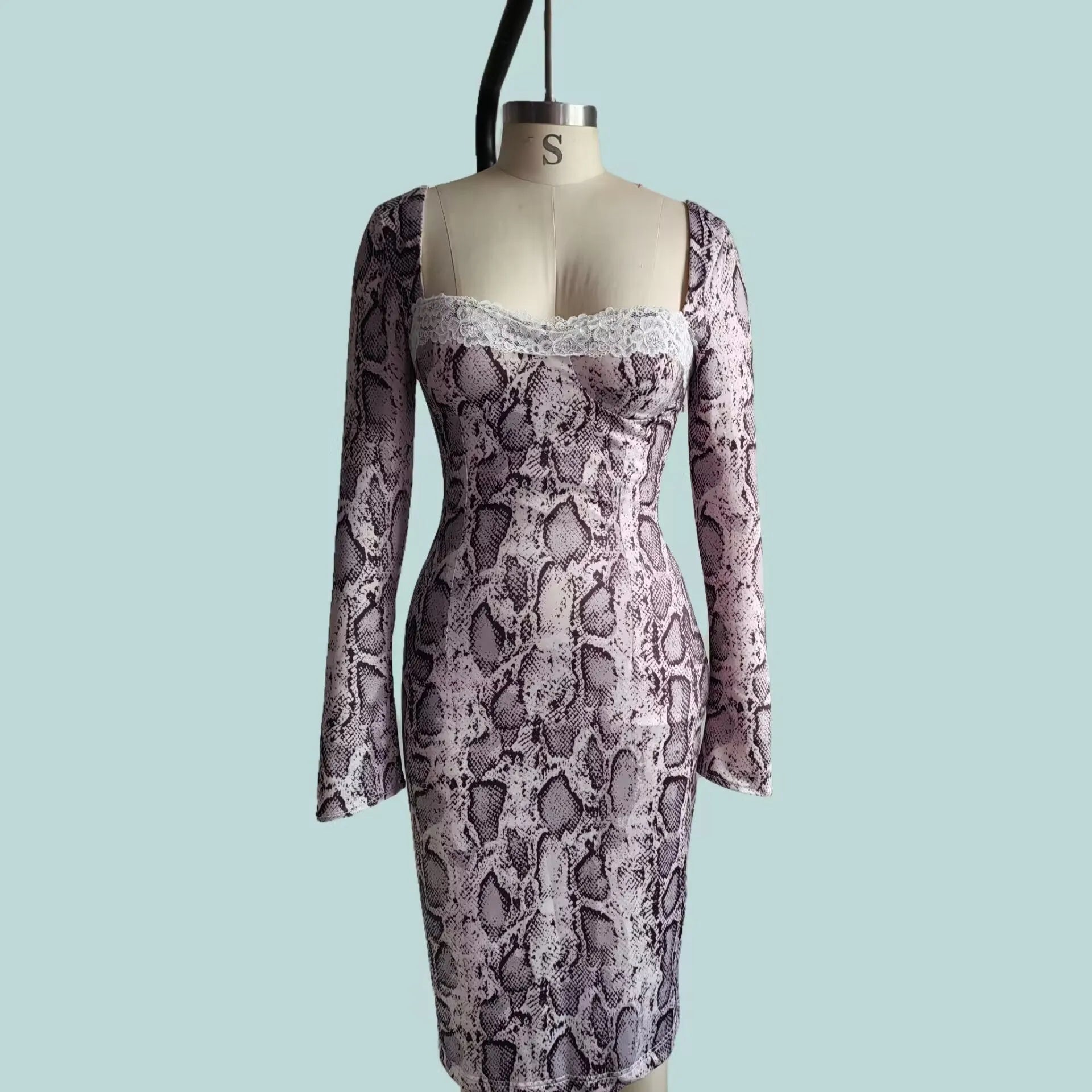 Grey slim fit lace dress with digital printed 3D pattern and A-line skirt