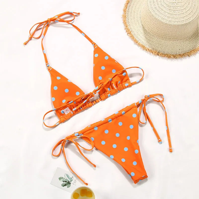 Women's polka dot split swimsuit bikini set with floral and gradient pattern options