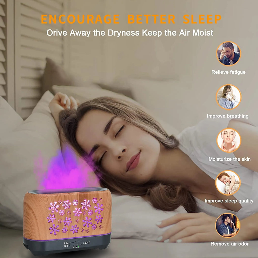 Snowflake pattern aromatherapy humidifier with colourful LED flame effects and remote control