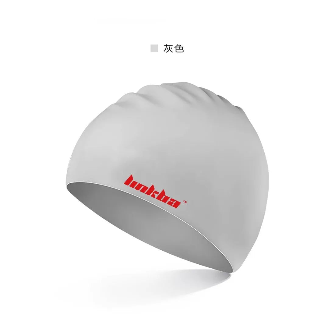 Silicone swimming cap with letter pattern in one of five colours: black, white, yellow, blue, or grey.