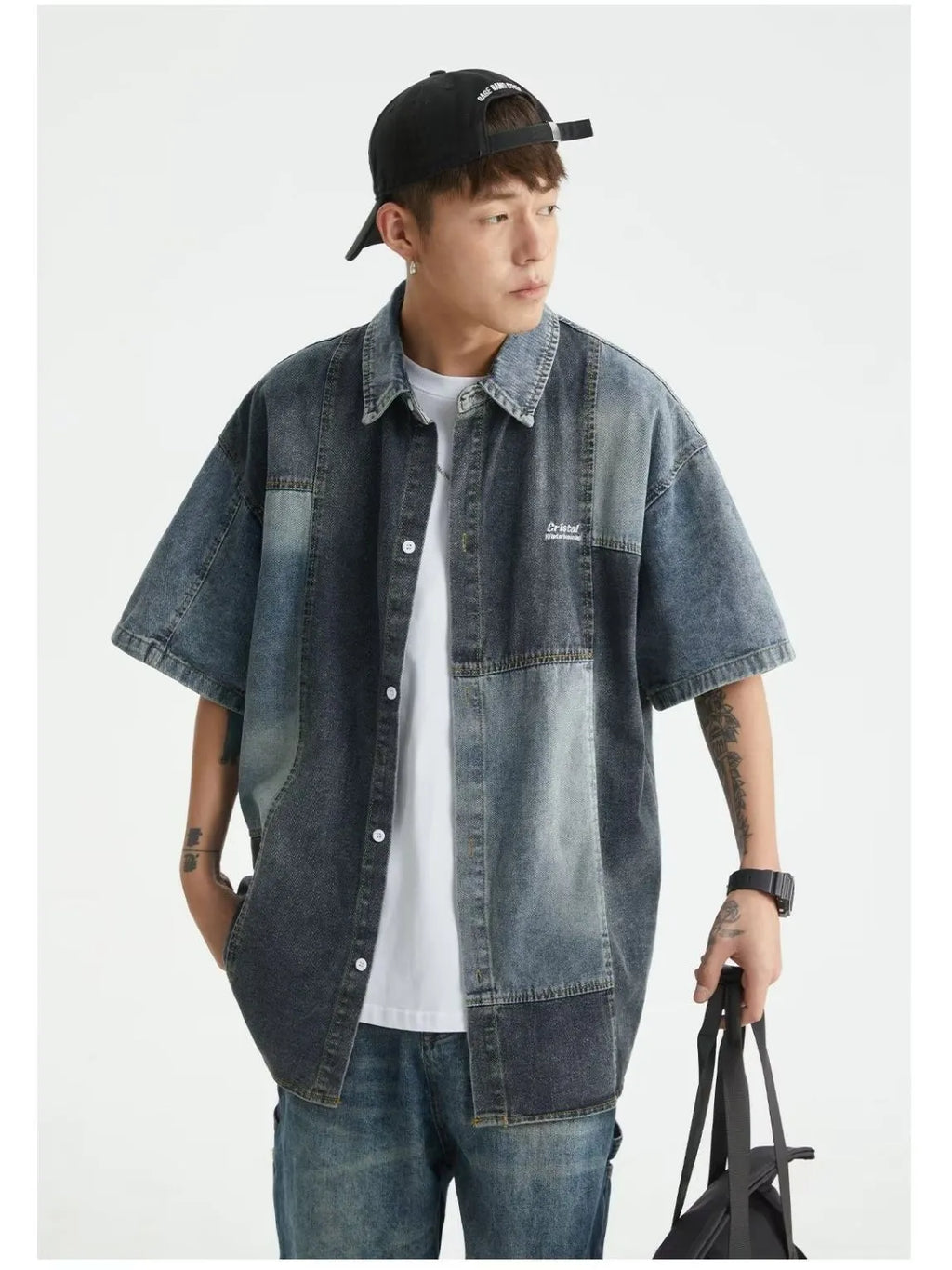 Blue men's Japanese-style denim shirt with retro washed stitching and loose cardigan fit