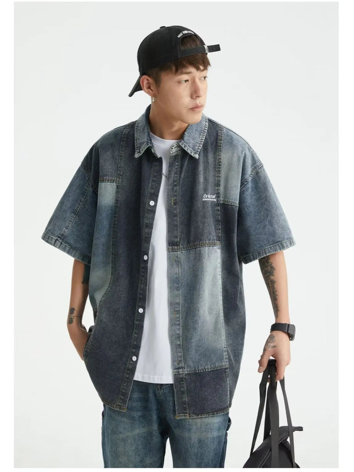 Blue men's Japanese-style denim shirt with retro washed stitching and loose cardigan fit