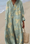 Women's long sleeve floral 3D print dress with wide waist on a model