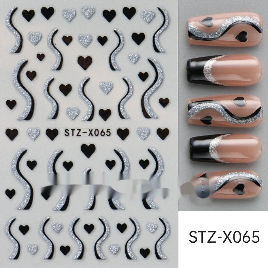 Cartoon nail art stickers with black and silver strip love pattern design