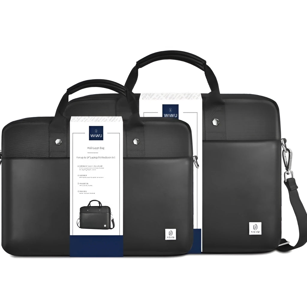 Black Oxford cloth laptop backpack showing multi-pocket design and lock closure, sized for 14 or 15.6 inch devices.