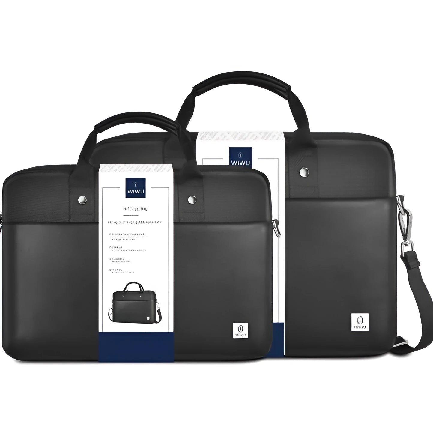 Black Oxford cloth laptop backpack showing multi-pocket design and lock closure, sized for 14 or 15.6 inch devices.
