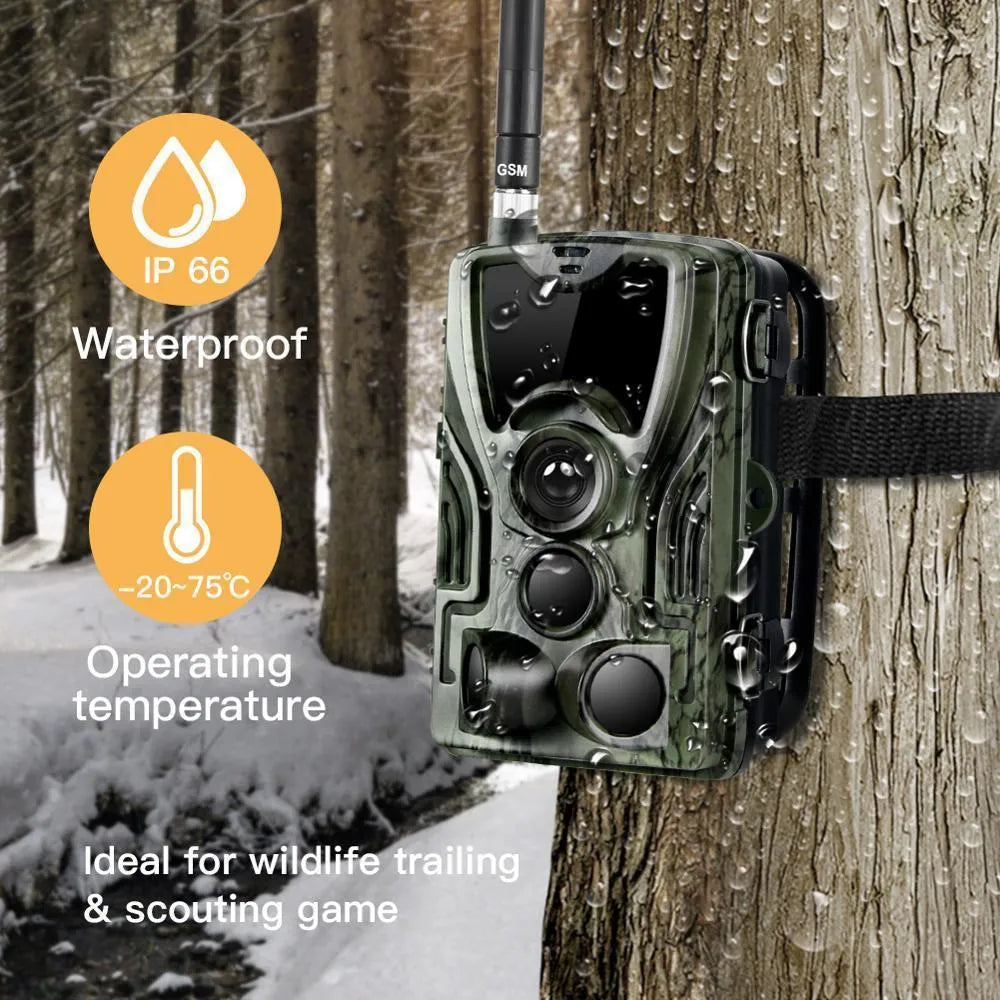 Green cellular trail camera with 16MP sensor, display screen, and infrared LEDs for night vision