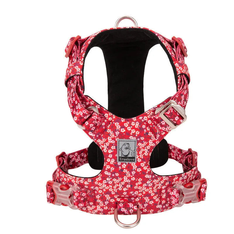 Pure cotton dog harness with floral pattern chest strap in red, blue, or green on various sized dogs