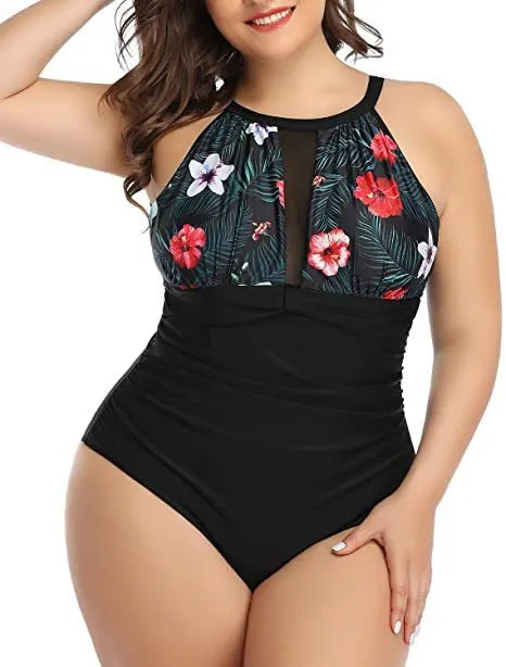 Women's black lace-trimmed one-piece swimsuit on a hanger