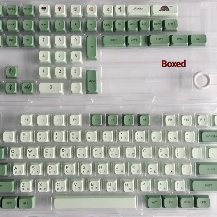 124 PBT keycaps with matcha green colour and white doubleshot legends for mechanical keyboards.