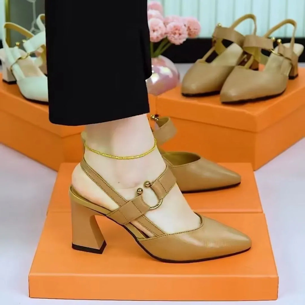 Women's closed toe backless leather sandals with chunky heel in apricot colour
