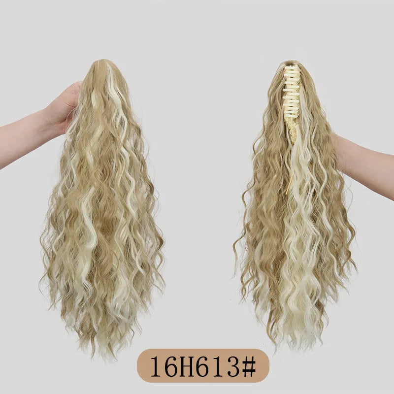 Synthetic corn curler wig with a textured water ripple grip ponytail, shown in a dark brown colour.