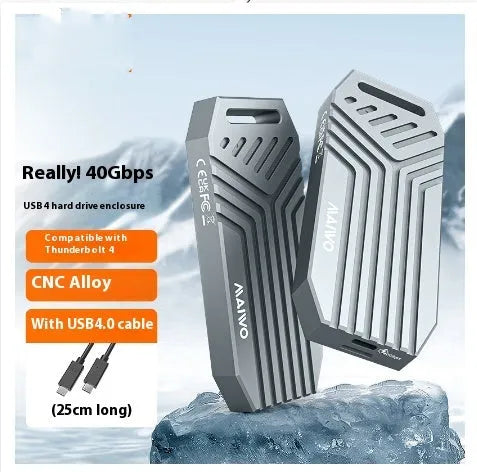Silver aluminium external SSD enclosure for M.2 drives with Thunderbolt 4 and USB4 40Gbps connectivity.