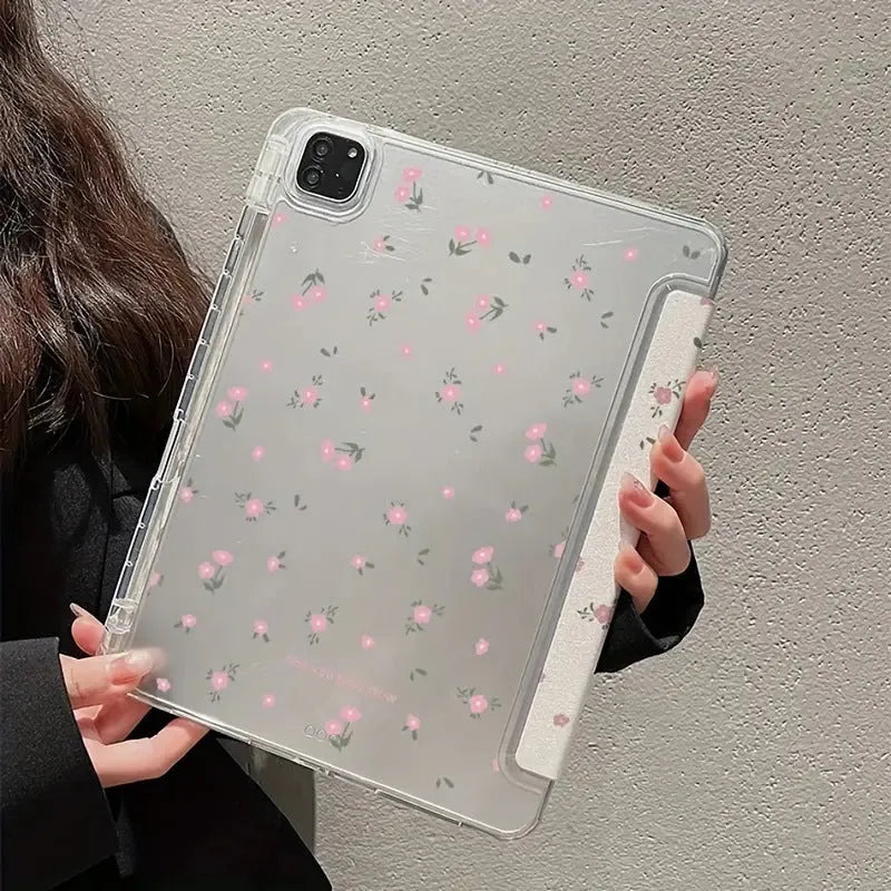 Transparent floral tri-fold tablet case for iPad showing magnetic closure and decorative pattern