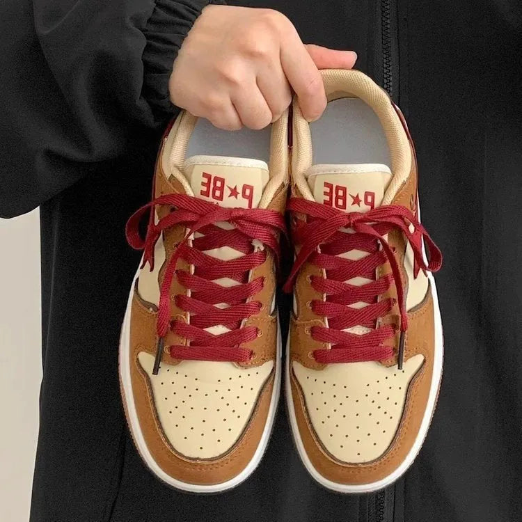 Brown women's casual sneakers with platform heel and sequin details on the PU upper.
