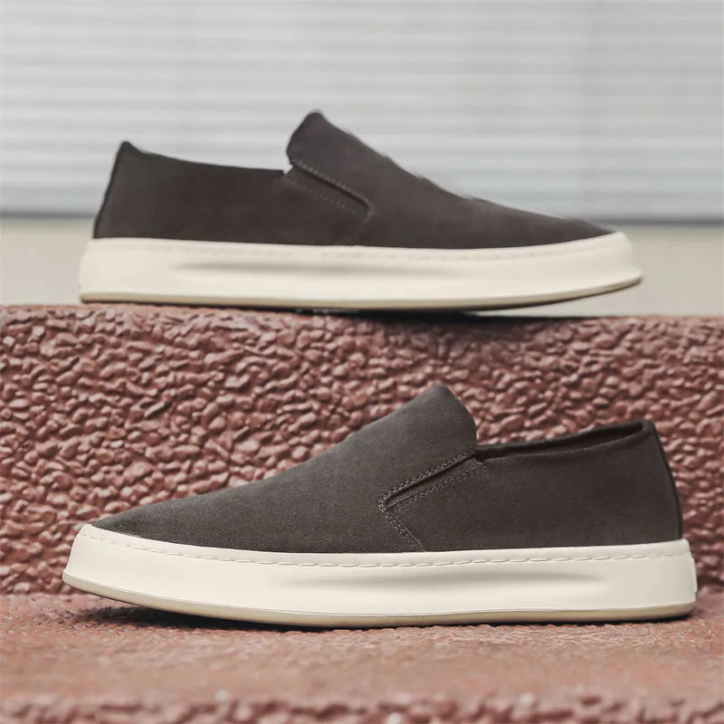 Men's grey and apricot casual shoes with round toe design and rubber sole