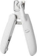 White LED pet nail clippers with transparent guard open, showing triangular steel blades and a nail file.