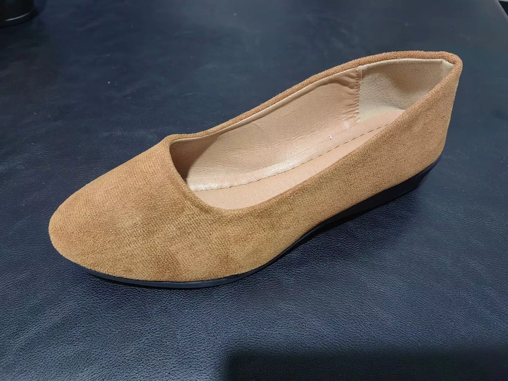 Women's suede wedge pumps with pointed toe and low rubber heel in five colour options