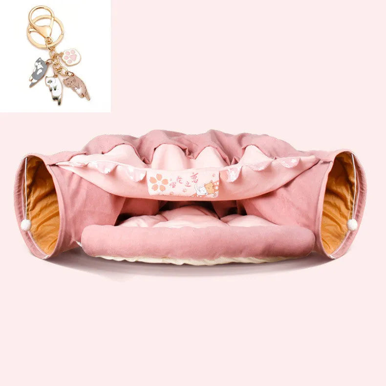 Collapsible cloth cat tunnel in Bar colour, showing dimensions of 45cm by 50cm by 22cm.